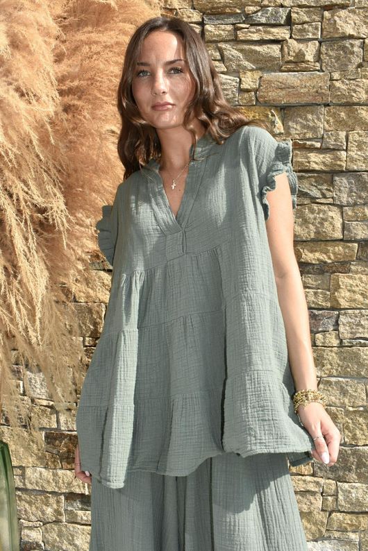 Tasha Cushion Cotton Cap Sleeve Tier Top Khaki